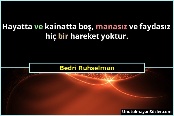 Bedri Ruhselman - Hayatta ve kainatta boş, manasız ve faydasız hiç bir hareket yoktur....