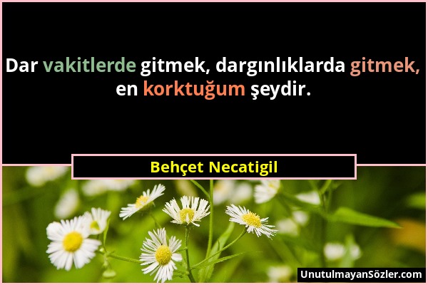 Behçet Necatigil - Dar vakitlerde gitmek, dargınlıklarda gitmek, en korktuğum şeydir....