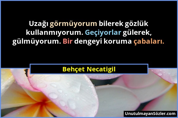 Behçet Necatigil - Uzağı görmüyorum bilerek gözlük kullanmıyorum. Geçiyorlar gülerek, gülmüyorum. Bir dengeyi koruma çabaları....