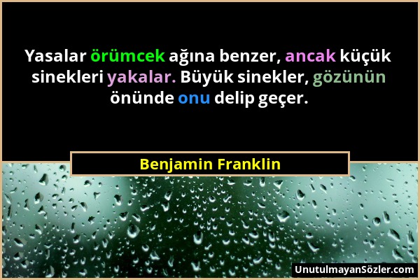 Benjamin Franklin - Yasalar örümcek ağına benzer, ancak küçük sinekleri yakalar. Büyük sinekler, gözünün önünde onu delip geçer....