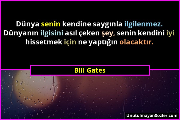 Bill Gates - Dünya senin kendine saygınla ilgilenmez. Dünyanın ilgisini asıl çeken şey, senin kendini iyi hissetmek için ne yaptığın olacaktır....