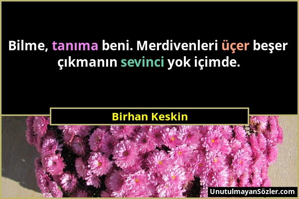 Birhan Keskin - Bilme, tanıma beni. Merdivenleri üçer beşer çıkmanın sevinci yok içimde....