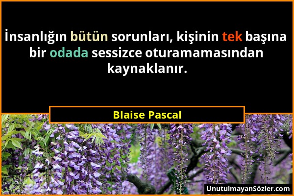 Blaise Pascal - İnsanlığın bütün sorunları, kişinin tek başına bir odada sessizce oturamamasından kaynaklanır....