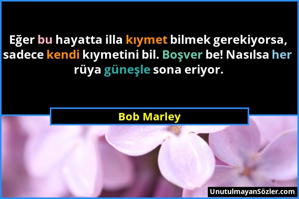 Bob Marley - Eğer bu hayatta illa kıymet bilmek gerekiyorsa, sadece kendi kıymetini bil. Boşver be! Nasılsa her rüya güneşle sona eriyor....