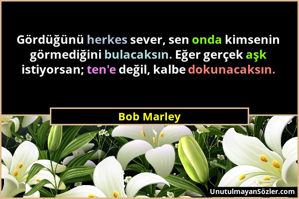 Bob Marley - Gördüğünü herkes sever, sen onda kimsenin görmediğini bulacaksın. Eğer gerçek aşk istiyorsan; ten'e değil, kalbe dokunacaksın....