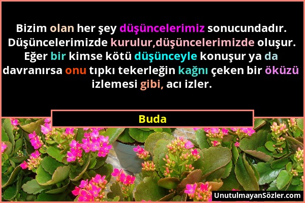 Buda - Bizim olan her şey düşüncelerimiz sonucundadır. Düşüncelerimizde kurulur,düşüncelerimizde oluşur. Eğer bir kimse kötü düşünceyle konuşur ya da...