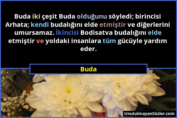 Buda - Buda iki çeşit Buda olduğunu söyledi; birincisi Arhata; kendi budalığını elde etmiştir ve diğerlerini umursamaz. İkincisi Bodisatva budalığını...