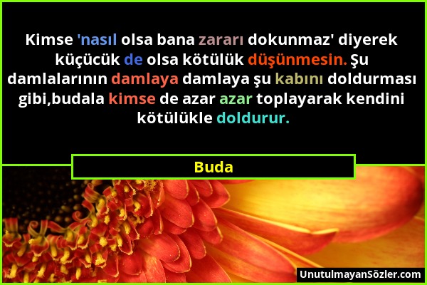 Buda - Kimse 'nasıl olsa bana zararı dokunmaz' diyerek küçücük de olsa kötülük düşünmesin. Şu damlalarının damlaya damlaya şu kabını doldurması gibi,b...