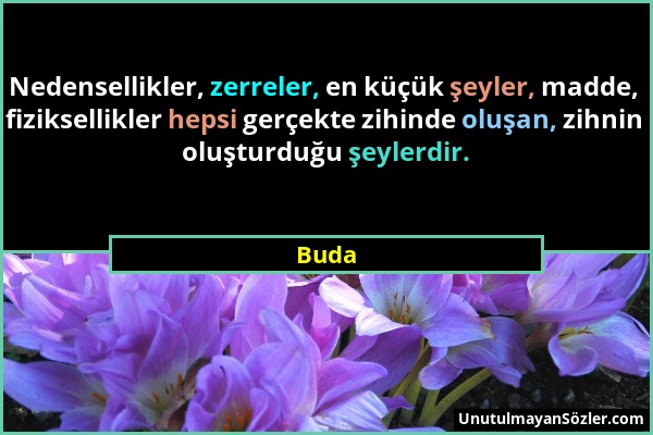 Buda - Nedensellikler, zerreler, en küçük şeyler, madde, fiziksellikler hepsi gerçekte zihinde oluşan, zihnin oluşturduğu şeylerdir....