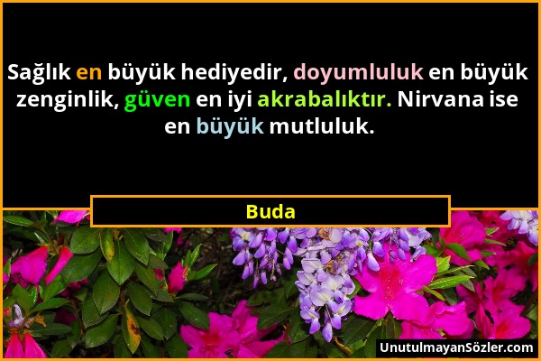 Buda - Sağlık en büyük hediyedir, doyumluluk en büyük zenginlik, güven en iyi akrabalıktır. Nirvana ise en büyük mutluluk....