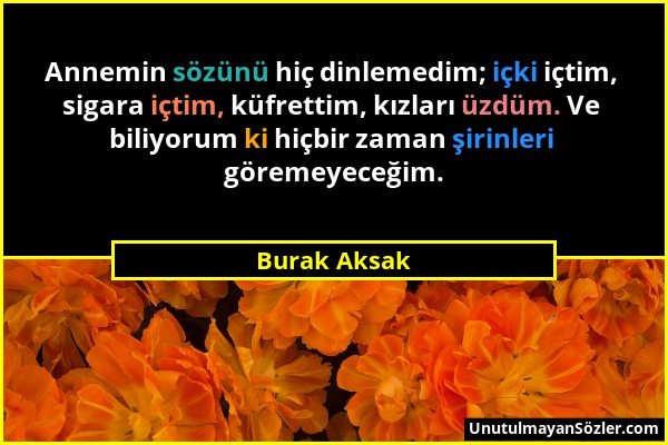 Burak Aksak - Annemin sözünü hiç dinlemedim; içki içtim, sigara içtim, küfrettim, kızları üzdüm. Ve biliyorum ki hiçbir zaman şirinleri göremeyeceğim....