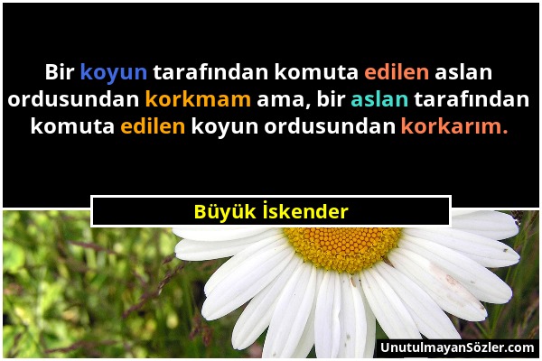 Büyük İskender - Bir koyun tarafından komuta edilen aslan ordusundan korkmam ama, bir aslan tarafından komuta edilen koyun ordusundan korkarım....