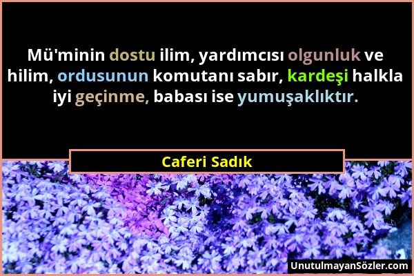 Caferi Sadık - Mü'minin dostu ilim, yardımcısı olgunluk ve hilim, ordusunun komutanı sabır, kardeşi halkla iyi geçinme, babası ise yumuşaklıktır....