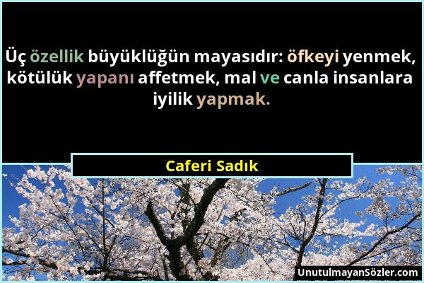 Caferi Sadık - Üç özellik büyüklüğün mayasıdır: öfkeyi yenmek, kötülük yapanı affetmek, mal ve canla insanlara iyilik yapmak....