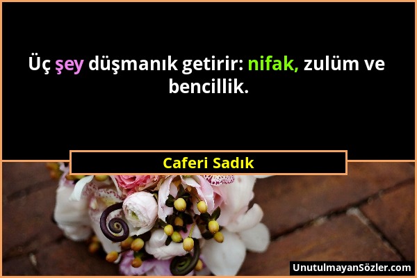 Caferi Sadık - Üç şey düşmanık getirir: nifak, zulüm ve bencillik....