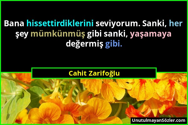 Cahit Zarifoğlu - Bana hissettirdiklerini seviyorum. Sanki, her şey mümkünmüş gibi sanki, yaşamaya değermiş gibi....