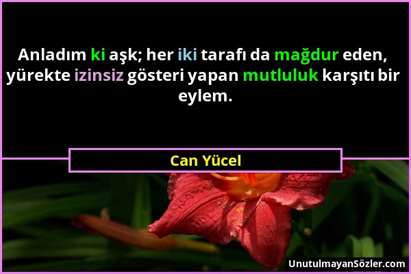 Can Yücel - Anladım ki aşk; her iki tarafı da mağdur eden, yürekte izinsiz gösteri yapan mutluluk karşıtı bir eylem....