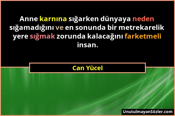 Can Yücel - Anne karnına sığarken dünyaya neden sığamadığını ve en sonunda bir metrekarelik yere sığmak zorunda kalacağını farketmeli insan....