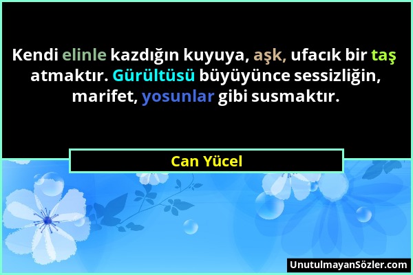 Can Yücel - Kendi elinle kazdığın kuyuya, aşk, ufacık bir taş atmaktır. Gürültüsü büyüyünce sessizliğin, marifet, yosunlar gibi susmaktır....