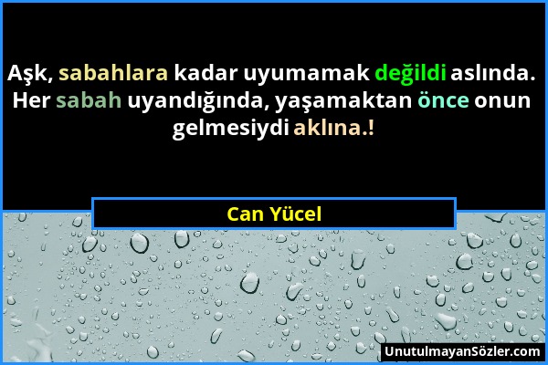 Can Yücel - Aşk, sabahlara kadar uyumamak değildi aslında. Her sabah uyandığında, yaşamaktan önce onun gelmesiydi aklına.!...