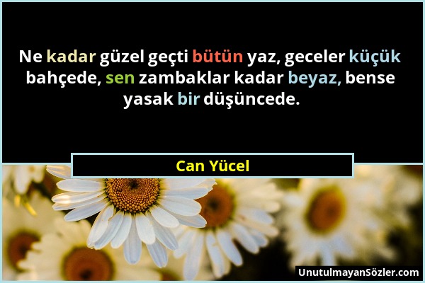 Can Yücel - Ne kadar güzel geçti bütün yaz, geceler küçük bahçede, sen zambaklar kadar beyaz, bense yasak bir düşüncede....