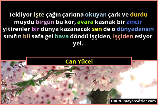 Can Yücel - Tekliyor işte çağın çarkına okuyan çark ve durdu muydu birgün bu kör, avara kasnak bir zincir yitirenler bir dünya kazanacak sen de o düny...