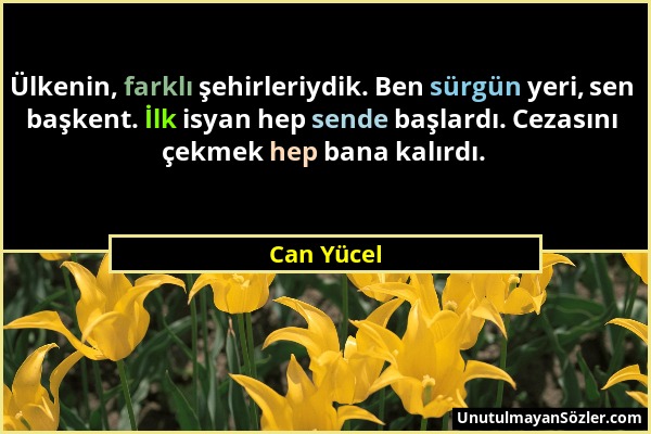 Can Yücel - Ülkenin, farklı şehirleriydik. Ben sürgün yeri, sen başkent. İlk isyan hep sende başlardı. Cezasını çekmek hep bana kalırdı....