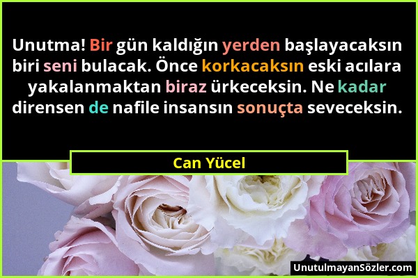 Can Yücel - Unutma! Bir gün kaldığın yerden başlayacaksın biri seni bulacak. Önce korkacaksın eski acılara yakalanmaktan biraz ürkeceksin. Ne kadar di...