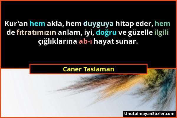 Caner Taslaman - Kur'an hem akla, hem duyguya hitap eder, hem de fıtratımızın anlam, iyi, doğru ve güzelle ilgili çığlıklarına ab-ı hayat sunar....