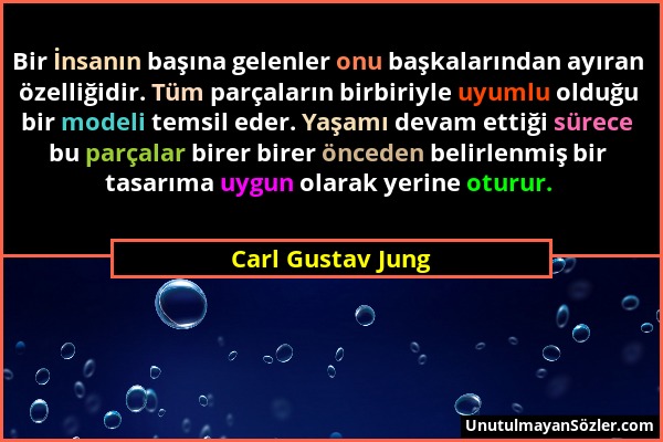 Carl Gustav Jung - Bir İnsanın başına gelenler onu başkalarından ayıran özelliğidir. Tüm parçaların birbiriyle uyumlu olduğu bir modeli temsil eder. Y...
