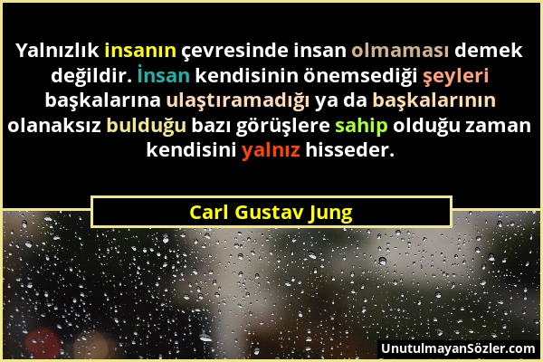 Carl Gustav Jung - Yalnızlık insanın çevresinde insan olmaması demek değildir. İnsan kendisinin önemsediği şeyleri başkalarına ulaştıramadığı ya da ba...