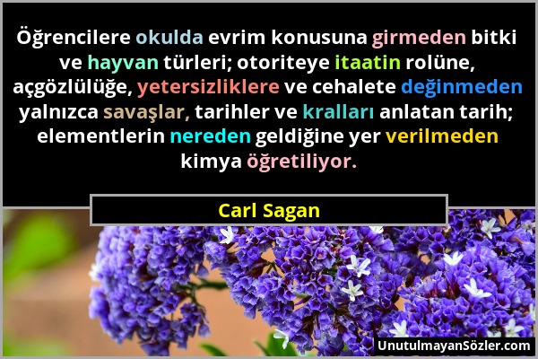 Carl Sagan - Öğrencilere okulda evrim konusuna girmeden bitki ve hayvan türleri; otoriteye itaatin rolüne, açgözlülüğe, yetersizliklere ve cehalete de...