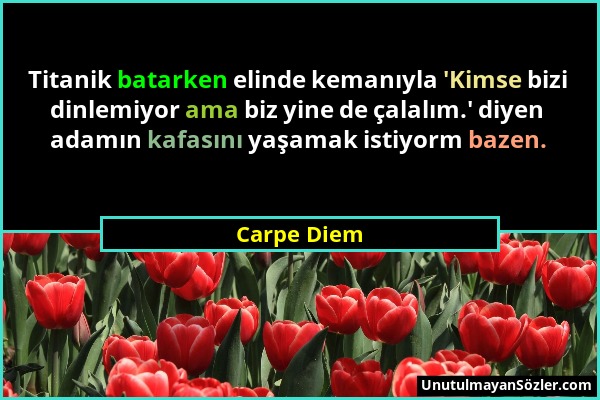 Carpe Diem - Titanik batarken elinde kemanıyla 'Kimse bizi dinlemiyor ama biz yine de çalalım.' diyen adamın kafasını yaşamak istiyorm bazen....