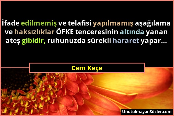 Cem Keçe - İfade edilmemiş ve telafisi yapılmamış aşağılama ve haksızlıklar ÖFKE tenceresinin altında yanan ateş gibidir, ruhunuzda sürekli hararet ya...