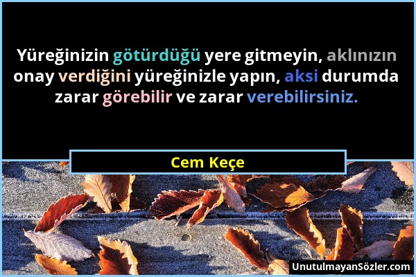 Cem Keçe - Yüreğinizin götürdüğü yere gitmeyin, aklınızın onay verdiğini yüreğinizle yapın, aksi durumda zarar görebilir ve zarar verebilirsiniz....