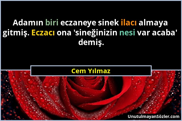 Cem Yılmaz - Adamın biri eczaneye sinek ilacı almaya gitmiş. Eczacı ona 'sineğinizin nesi var acaba' demiş....