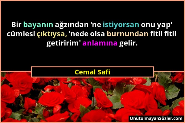 Cemal Safi - Bir bayanın ağzından 'ne istiyorsan onu yap' cümlesi çıktıysa, 'nede olsa burnundan fitil fitil getiririm' anlamına gelir....