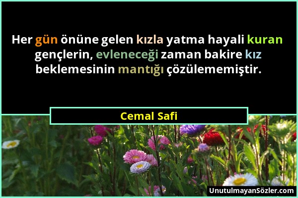 Cemal Safi - Her gün önüne gelen kızla yatma hayali kuran gençlerin, evleneceği zaman bakire kız beklemesinin mantığı çözülememiştir....