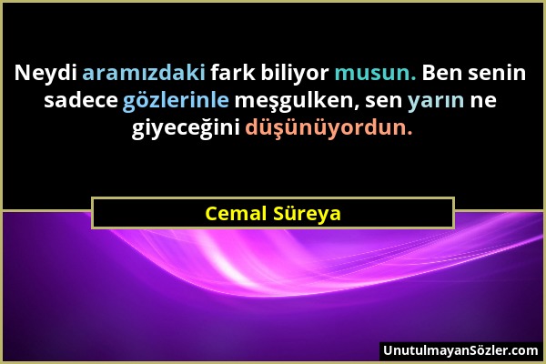 Cemal Süreya - Neydi aramızdaki fark biliyor musun. Ben senin sadece gözlerinle meşgulken, sen yarın ne giyeceğini düşünüyordun....
