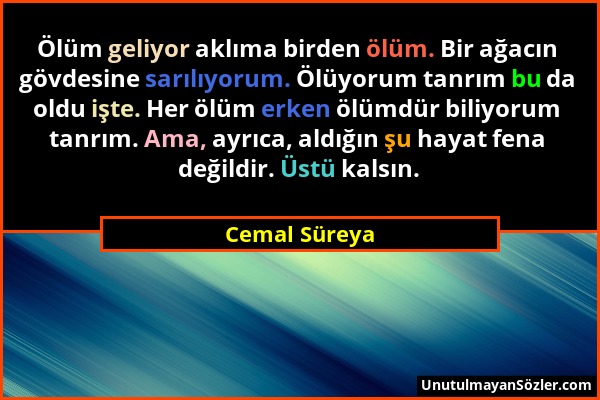 Cemal Süreya - Ölüm geliyor aklıma birden ölüm. Bir ağacın gövdesine sarılıyorum. Ölüyorum tanrım bu da oldu işte. Her ölüm erken ölümdür biliyorum ta...