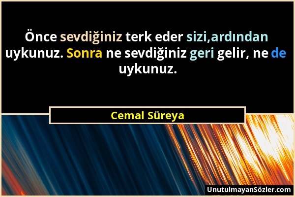 Cemal Süreya - Önce sevdiğiniz terk eder sizi,ardından uykunuz. Sonra ne sevdiğiniz geri gelir, ne de uykunuz....