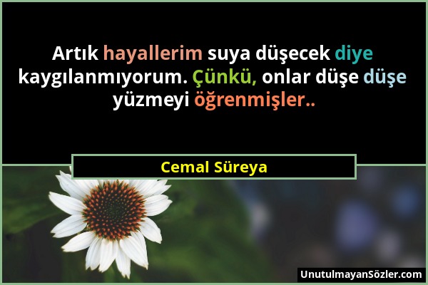 Cemal Süreya - Artık hayallerim suya düşecek diye kaygılanmıyorum. Çünkü, onlar düşe düşe yüzmeyi öğrenmişler.....