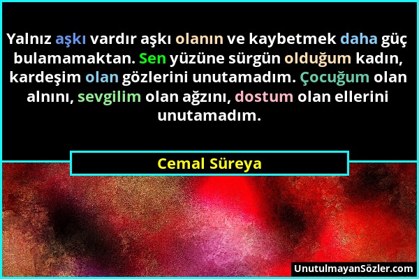 Cemal Süreya - Yalnız aşkı vardır aşkı olanın ve kaybetmek daha güç bulamamaktan. Sen yüzüne sürgün olduğum kadın, kardeşim olan gözlerini unutamadım....