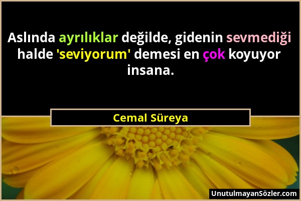 Cemal Süreya - Aslında ayrılıklar değilde, gidenin sevmediği halde 'seviyorum' demesi en çok koyuyor insana....