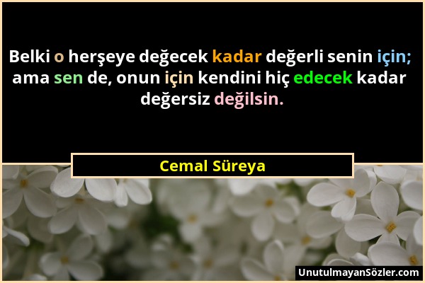 Cemal Süreya - Belki o herşeye değecek kadar değerli senin için; ama sen de, onun için kendini hiç edecek kadar değersiz değilsin....