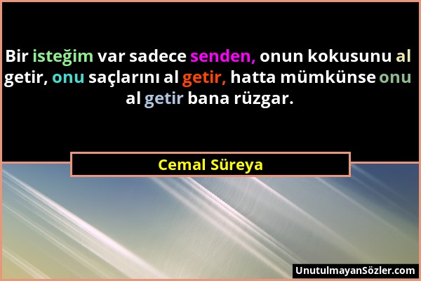 Cemal Süreya - Bir isteğim var sadece senden, onun kokusunu al getir, onu saçlarını al getir, hatta mümkünse onu al getir bana rüzgar....