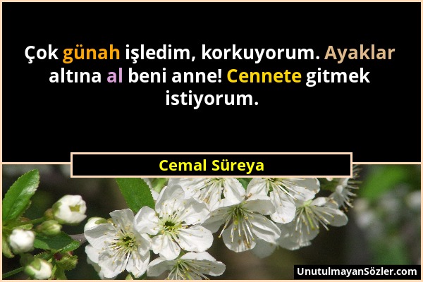 Cemal Süreya - Çok günah işledim, korkuyorum. Ayaklar altına al beni anne! Cennete gitmek istiyorum....