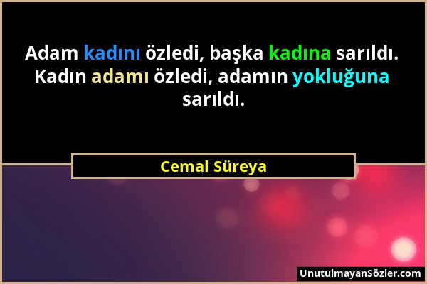 Cemal Süreya - Adam kadını özledi, başka kadına sarıldı. Kadın adamı özledi, adamın yokluğuna sarıldı....