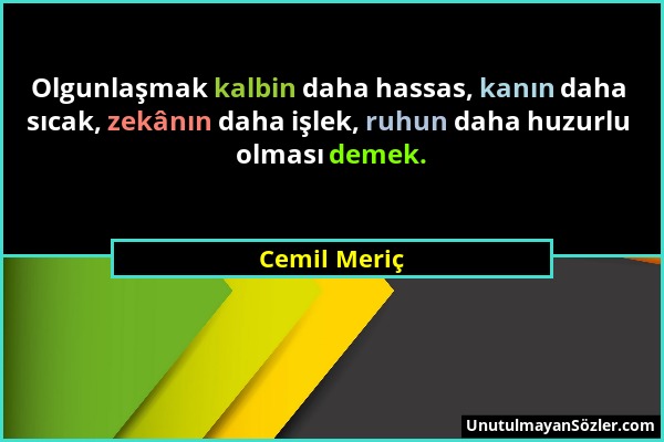 Cemil Meriç - Olgunlaşmak kalbin daha hassas, kanın daha sıcak, zekânın daha işlek, ruhun daha huzurlu olması demek....