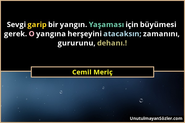 Cemil Meriç - Sevgi garip bir yangın. Yaşaması için büyümesi gerek. O yangına herşeyini atacaksın; zamanını, gururunu, dehanı.!...